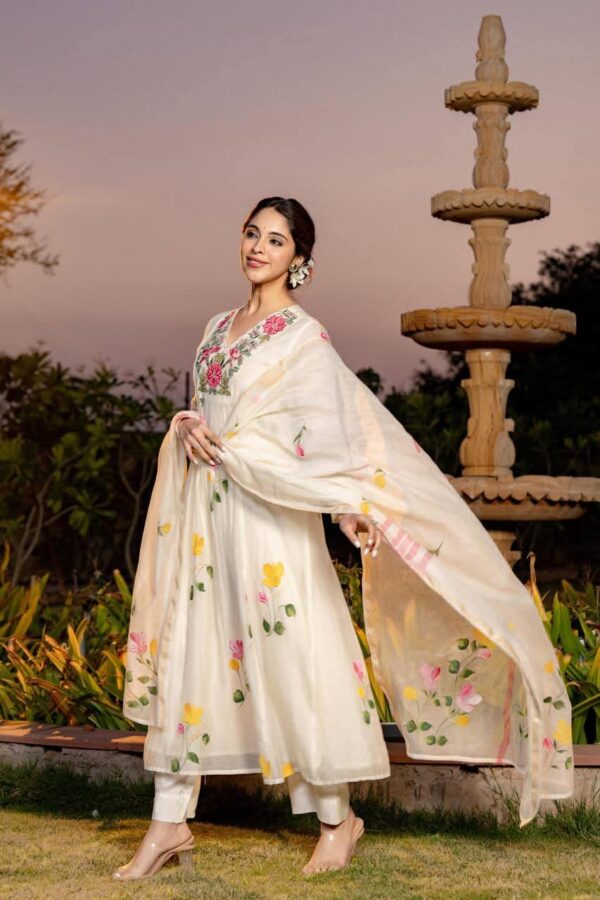 Elegant Off-White Floral Embroidered Party Suit Set