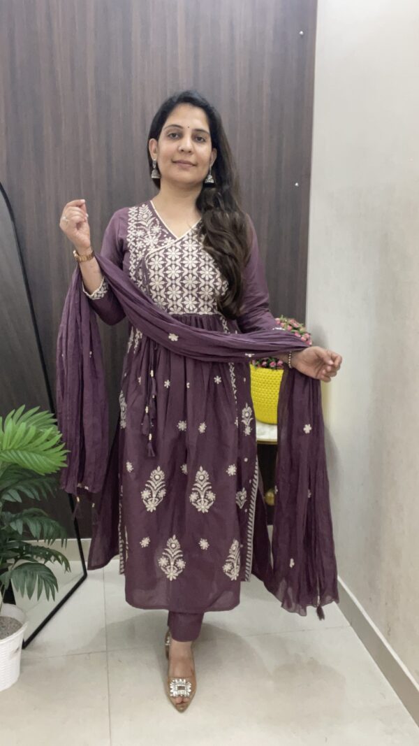 Plum Embroidered Anarkali Kurti Pant Dupatta Set