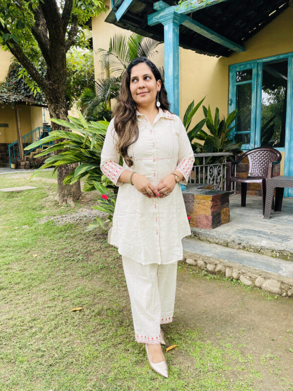 Embroidered Off-White Cotton Co-ord Set