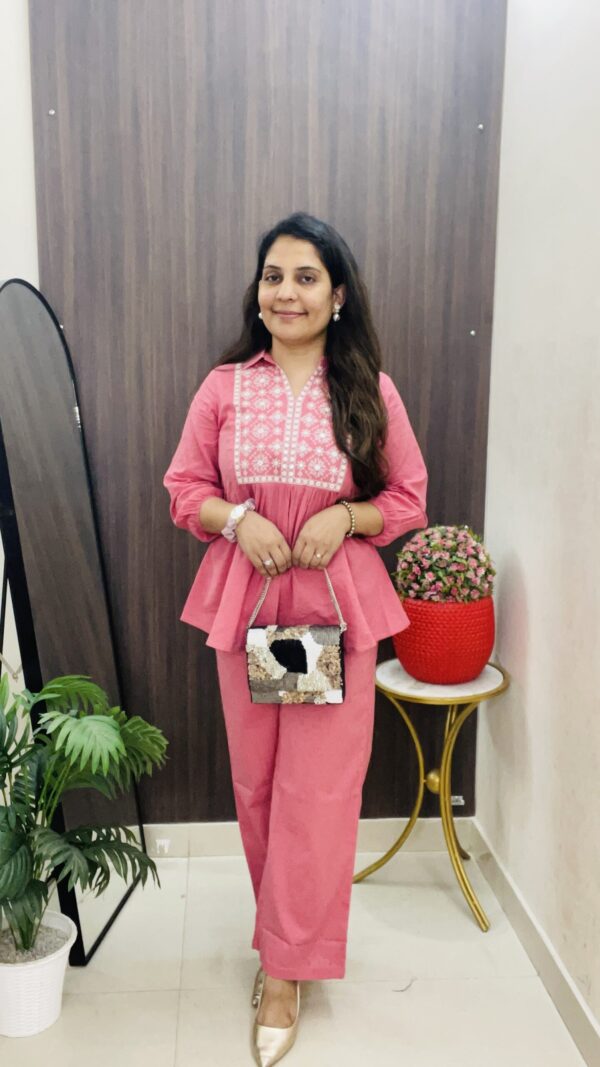 Pink Embroidered Peplum Co-Ord Set for Women