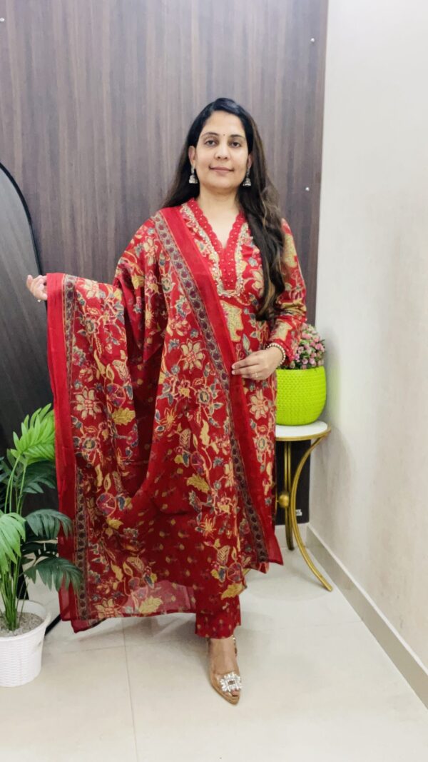 Rich Red Floral Kurti Pant Dupatta Set