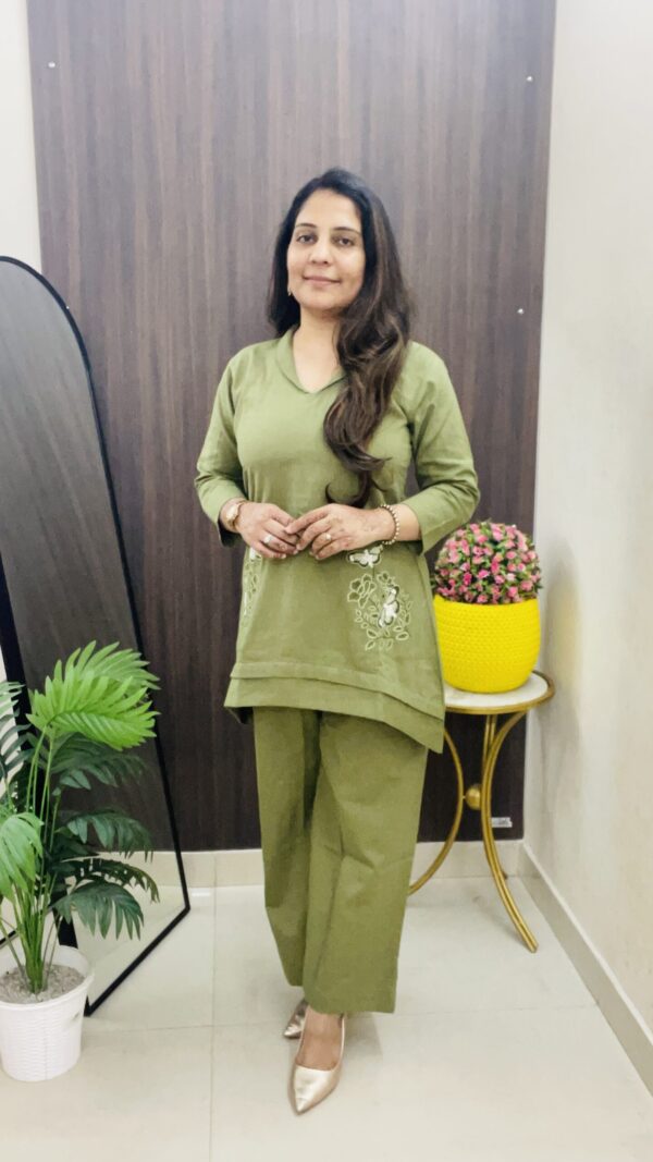 Olive Green Embroidered V-Neck Cotton Co-Ord Set