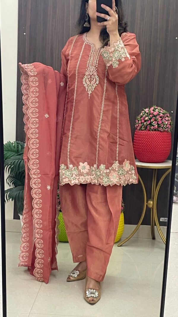 Rose-Copper Shimmer Tissue Anarkali Set